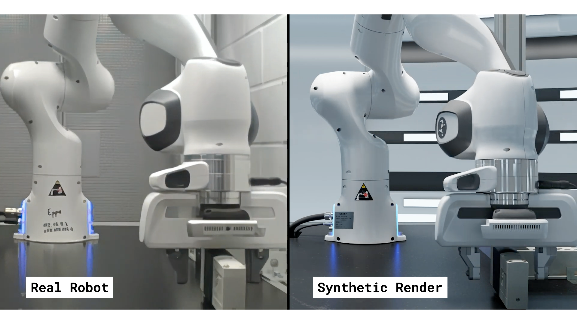 real robot view on the left, synthetic render on the right